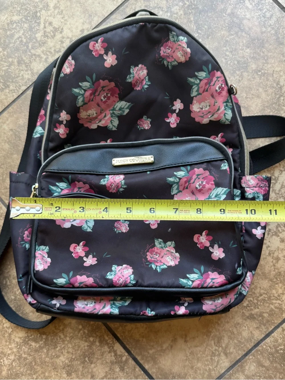 Vintage Y2K Juicy Couture Black Floral Backpack - Pink Rose Print